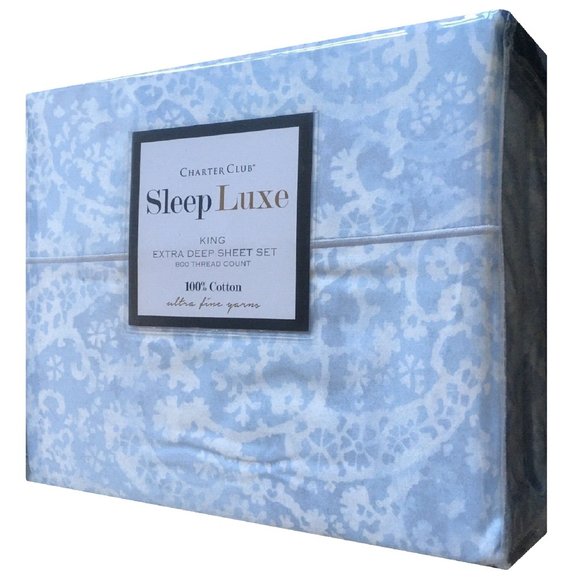 new BLUE PAISLEY Sleep Luxe 800 TC 100% Cotton Sateen KING EXTRA DEEP Sheet Set - Picture 1 of 10
